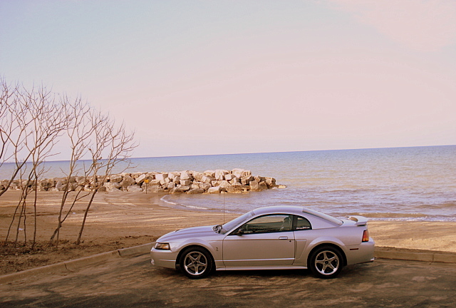 Silver coupe parked near a beach with a rock jetty and calm water