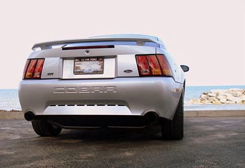 1998 Ford Taurus - Rear view of a silver Ford Mustang Cobra parked near the ocean.