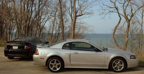 1998 Ford Taurus - Silver Ford Mustang and black Pontiac GTO parked side-by-side near a lake.
