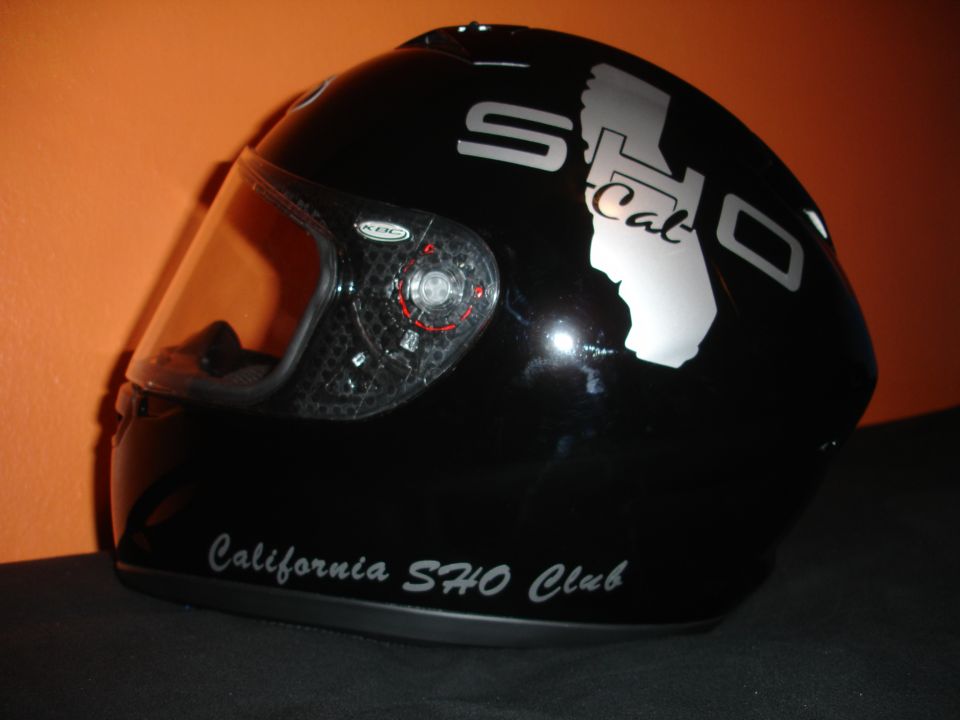 Black motorcycle helmet with "SHO Cal" and California map graphic on top, and "California SHO Club" text on the side