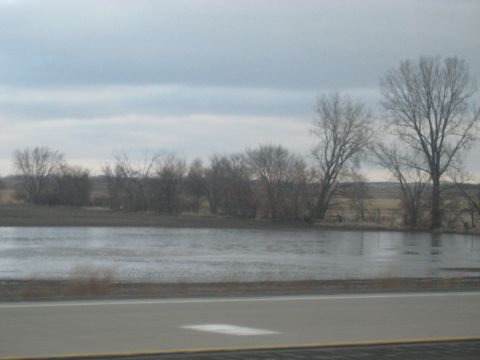 1978 Ford Bronco - A flooded field with bare trees and a cloudy sky, viewed from the side of a road.