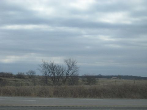1978 Ford Bronco - A wide view of a rural landscape under a cloudy sky, with dry grass and trees dominating the foreground.