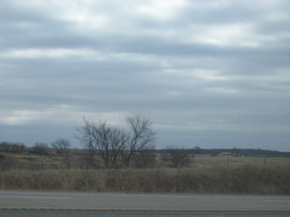 Overcast sky above a dry grassy field with bare trees and a distant building