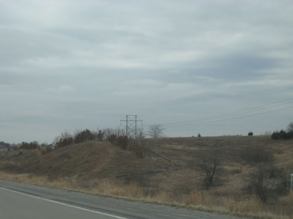 Overcast sky above a grassy hill with a power line tower and bare trees