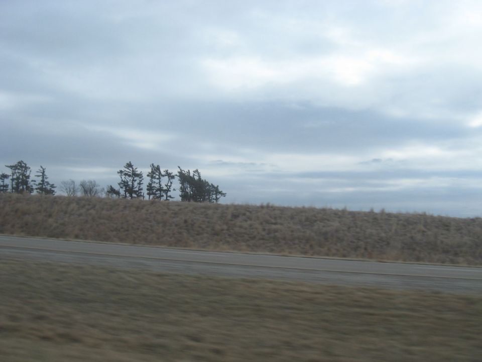 overcast sky above dry grass hill with trees and a road