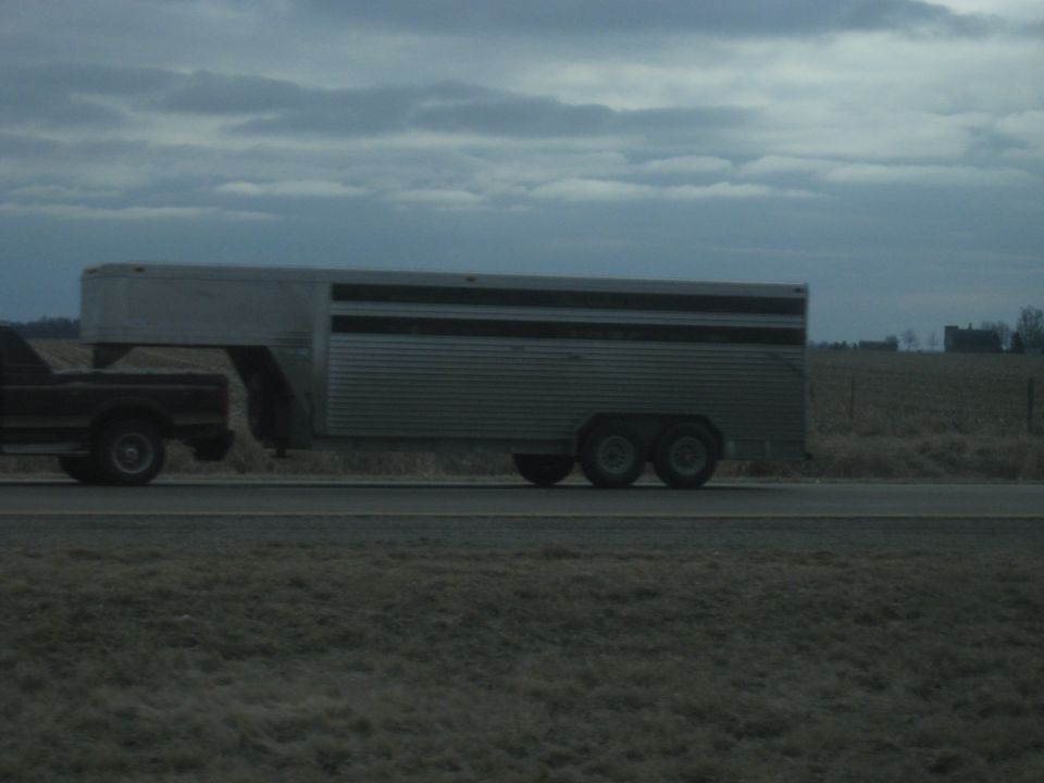 Pickup truck towing a gooseneck livestock trailer on a highway