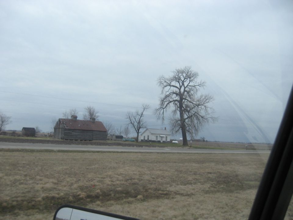 Rural landscape with a weathered barn, a white house, and a large bare tree under an overcast sky