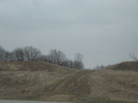 1978 Ford Bronco - A desolate landscape under an overcast sky, rolling hills covered in dry grass and scattered bare trees.