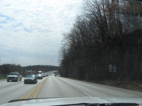 1978 Ford Bronco - Traffic moves along a highway bordered by trees and a cloudy sky.