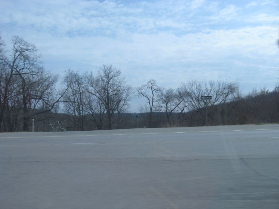 Roadway with bare trees and a cloudy sky overhead