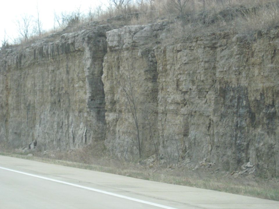 Rock cliff face with vegetation on top, next to a paved road with a white line