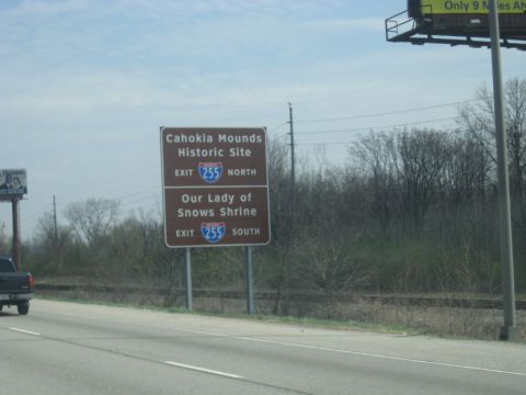 1978 Ford Bronco - Signs direct travelers to Cahokia Mounds Historic Site and Our Lady of Snows Shrine via Exit 255.