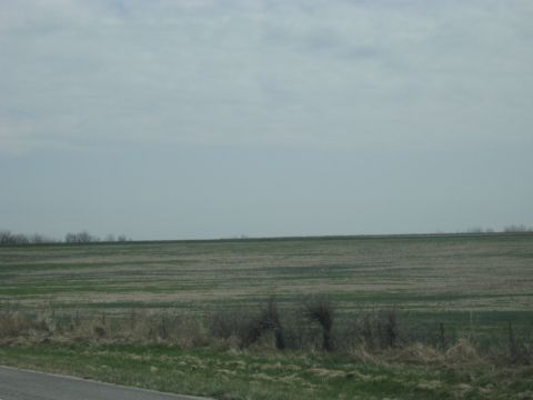 1978 Ford Bronco - A wide expanse of farmland stretches to the horizon under an overcast sky.