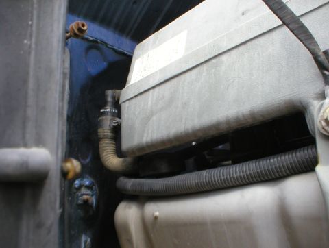 1996 Ford Bronco - Close-up view of engine components, including a gray box and hoses.