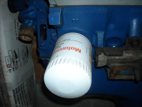 1979 Ford F-150 - Close-up of a Motorcraft oil filter attached to a blue engine block, likely from a Ford vehicle.