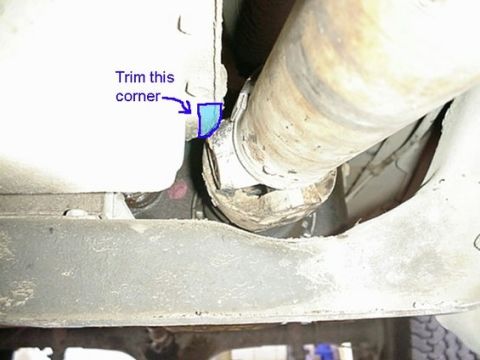 1979 Ford F-150 - Underside view of a vehicle's driveshaft and frame, with an annotation for modification.