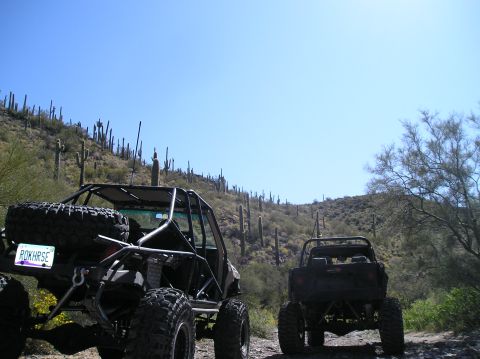1986 Toyota Hilux - Modified trucks parked on a desert trail with saguaro cacti under a clear blue sky.