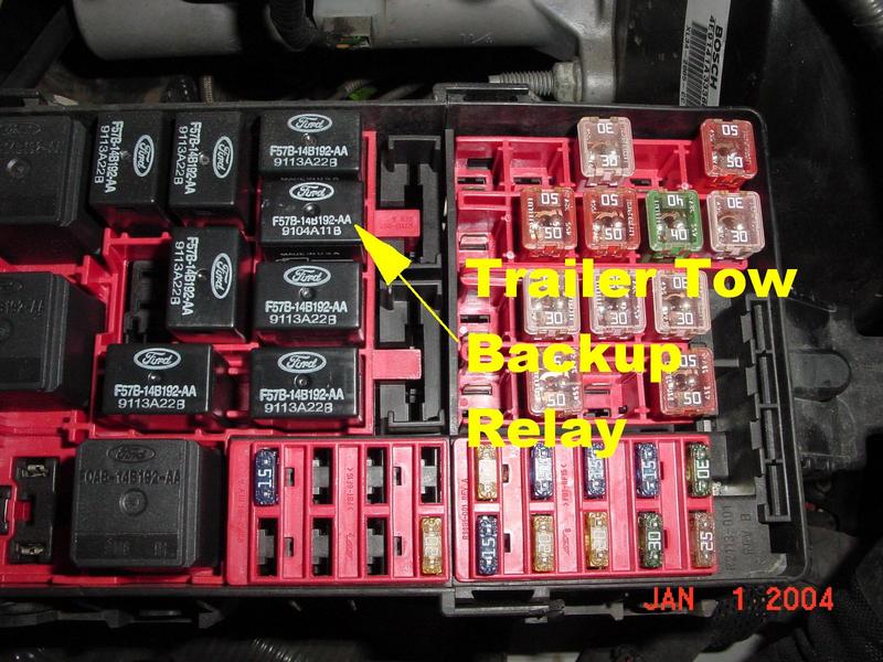 Fuse box with relays and fuses labeled 'Trailer Tow Backup Relay'