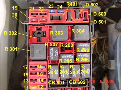 2007 Ford Mustang - This image shows a labeled fuse box with various relays and fuses, including part numbers and numerical identifiers.