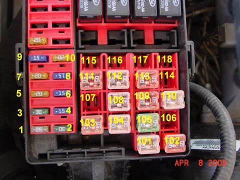2007 Ford Mustang - Fuse box interior with numbered fuses and relays, dated April 8, 2006.