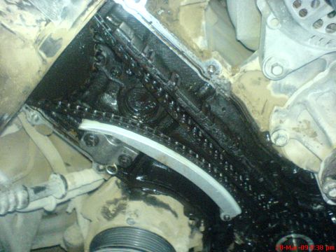 1992 Ford Crown Victoria - This is a close-up view of an engine's timing chain and tensioner assembly, coated in dark oil.