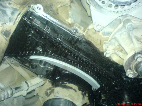 1992 Ford Crown Victoria - Close-up view of engine timing components, including the chain and guides.