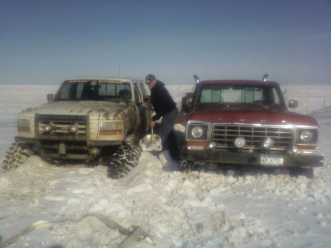 1992 Ford F-350 - Two Ford trucks are stuck in deep snow, with one person attempting to dig out.