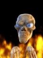 1997 Mercury Grand Marquis - A skull with intense blue eyes and skeletal hands appears to be emerging from flames.