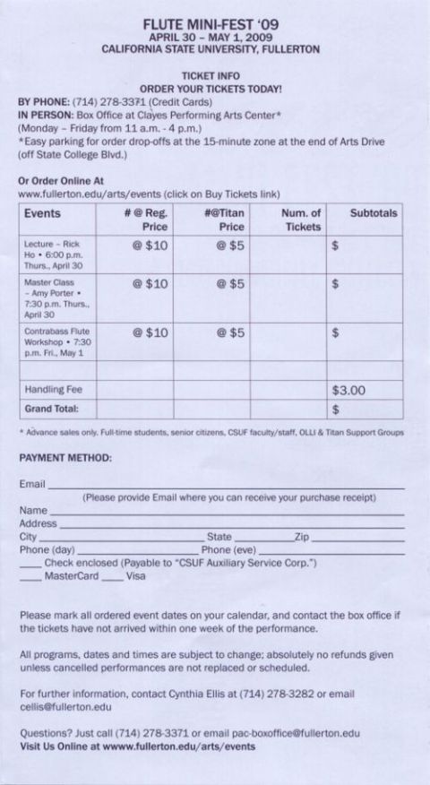 1990 Ford Bronco - This document is a ticket order form for the Flute Mini-Fest '09 event at CSU Fullerton.