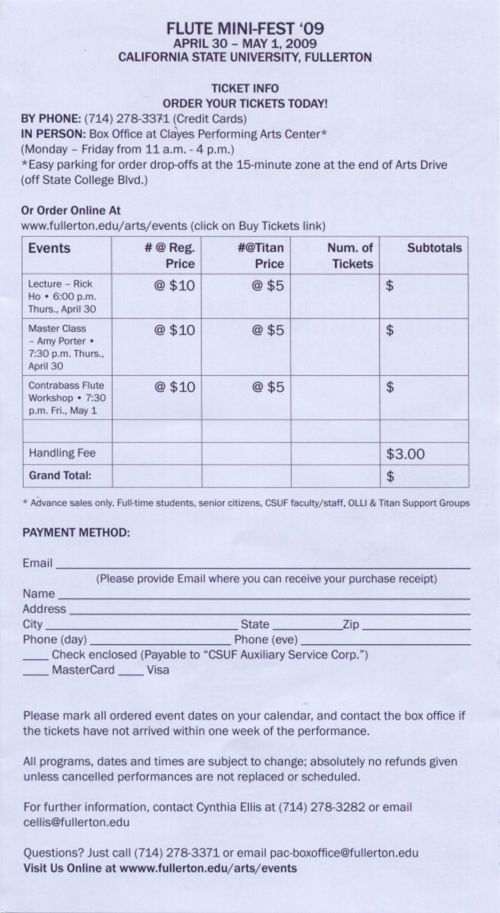 Flute Mini-Fest '09 ticket order form for California State University, Fullerton