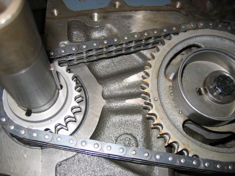 1971 Ford Ranchero - Close-up view of engine timing chain and gears, likely from a Ford vehicle.