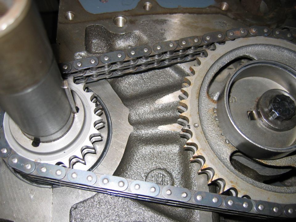 Engine timing chain and gears close-up