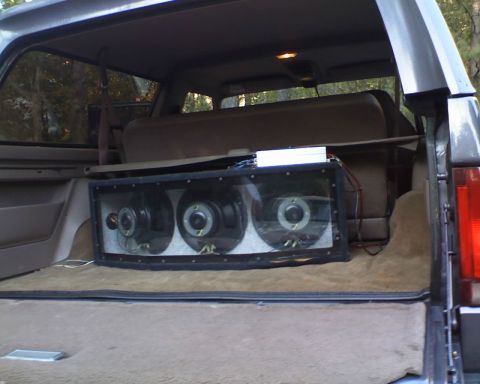 1996 Ford Bronco - Custom subwoofer box installed in the cargo area of a 1996 Ford Bronco.