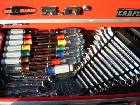 1981 Garelli Rally Sport - A red toolbox drawer contains various screwdrivers and a set of wrenches.