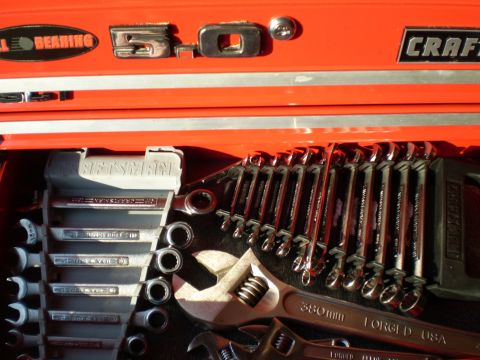1981 Garelli Rally Sport - A red toolbox is filled with various Craftsman wrenches and adjustable wrenches.