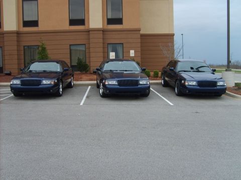 1993 Ford Crown Victoria - Three dark blue sedans are parked in a lot in front of a hotel.