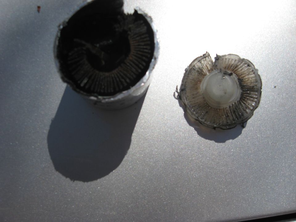 Cut-open filter canister and dirty pleated filter element on a silver surface