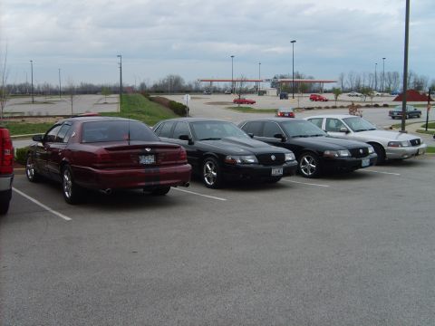 1993 Ford Crown Victoria - A line of sedans, including a maroon one with racing stripes, are parked in a lot under an overcast sky.
