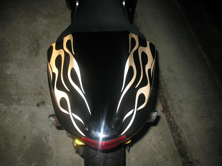 Black motorcycle rear fender with gold flame decals. Visible tail light and license plate bracket
