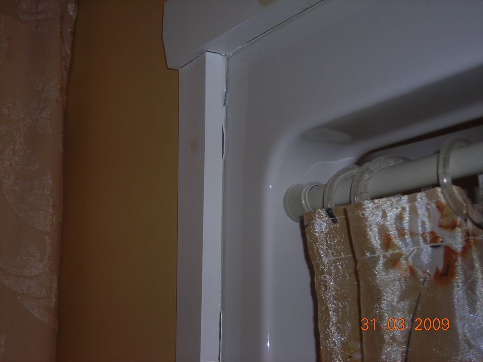 Shower stall interior with a patterned shower curtain and a date stamp of 31-03-2009