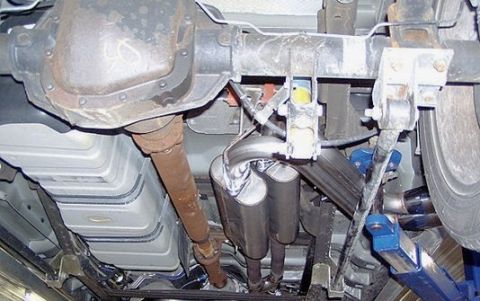 2007 Ford Mustang - Underbody photograph showing the differential, driveshaft and exhaust, not a technical document.