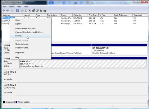 1990 Ford Bronco - The Disk Management utility displays hard drive partitions and a context menu with formatting options.