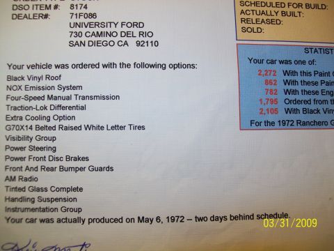 1972 Ford Ranchero - This document details the original order options and production date for a vehicle, possibly, 1972 Ford Ranchero.