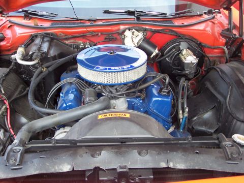 1973 Ford Ranchero - I run this "open" element air cleaner for daily driving and at the track; it was a cheap Mr. Gasket chrome unit that I repainted Ford corpo…