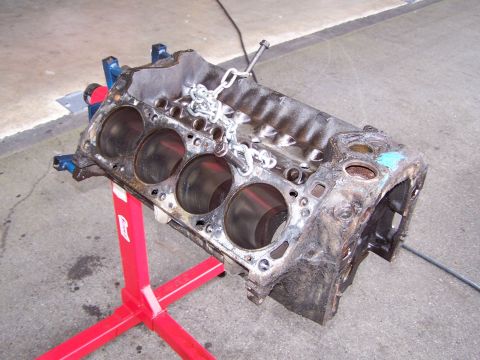 1973 Ford Ranchero - bare block, ready to be hot-tanked at the machine shop. Clevelands are small blocks, like a 302 or a windsor 351.