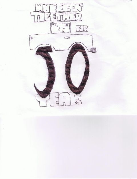 2000 Ford E350 - A drawing depicts the number "50" with the words "WHEELIN' TOGETHER FOR" above it, superimposed over a sketch of a vehicle's front end. Bel…