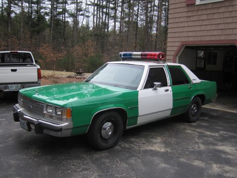 1991 Ford LTD Crown Victoria - Front three-quarter view of a green-and-white Ford sedan with a roof lightbar parked on a driveway beside a pickup and a shingled garage.