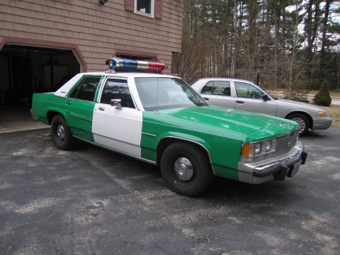 1991 Ford LTD Crown Victoria - Front three-quarter view of a green-and-white Ford patrol-style sedan with a roof lightbar parked on a driveway near a tan sedan and garage.