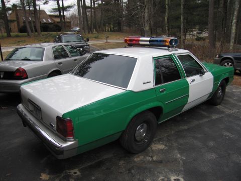 1991 Ford LTD Crown Victoria - Rear three-quarter view of a green-and-white Ford patrol-style sedan with a roof lightbar parked among other cars in a wooded lot.