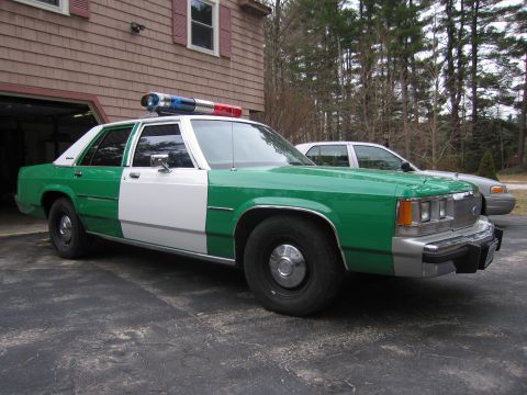 1991 Ford LTD Crown Victoria - green and white full-size Ford sedan with a roof light bar parked beside a shingled house and open garage.